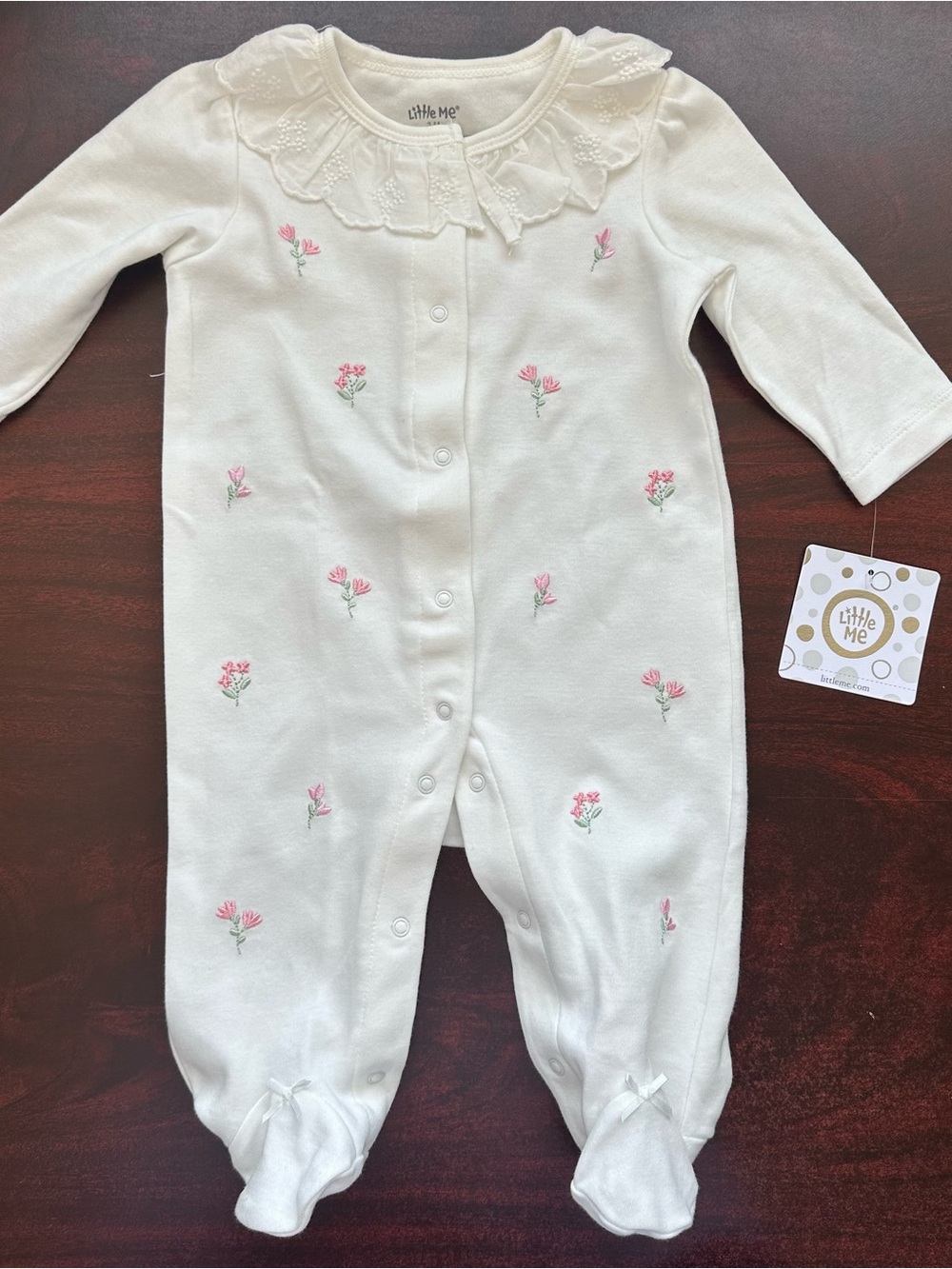 Little Me White One-Piece Footie with Pink Floral Embroidery